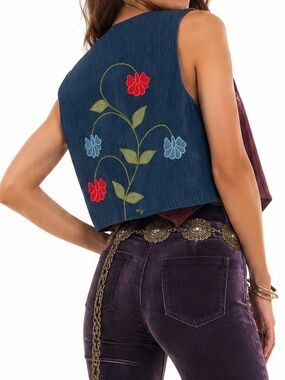 Vintage Denim Floral Appliqué Vest - Navy with Red & Light Blue Flowers La Jolla